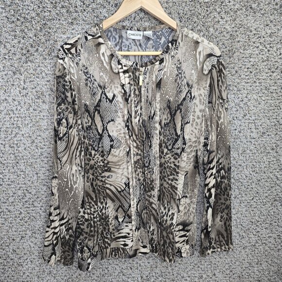 Chicos Top Womens 2 US Large Beige‎ Pintuck Blouse Zip Scoop Neck Casual Ladies - Picture 1 of 7